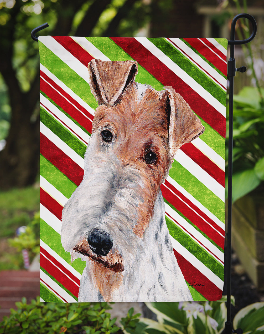 Wire Fox Terrier Candy Cane Christmas Flag Garden Size  the-store.com.