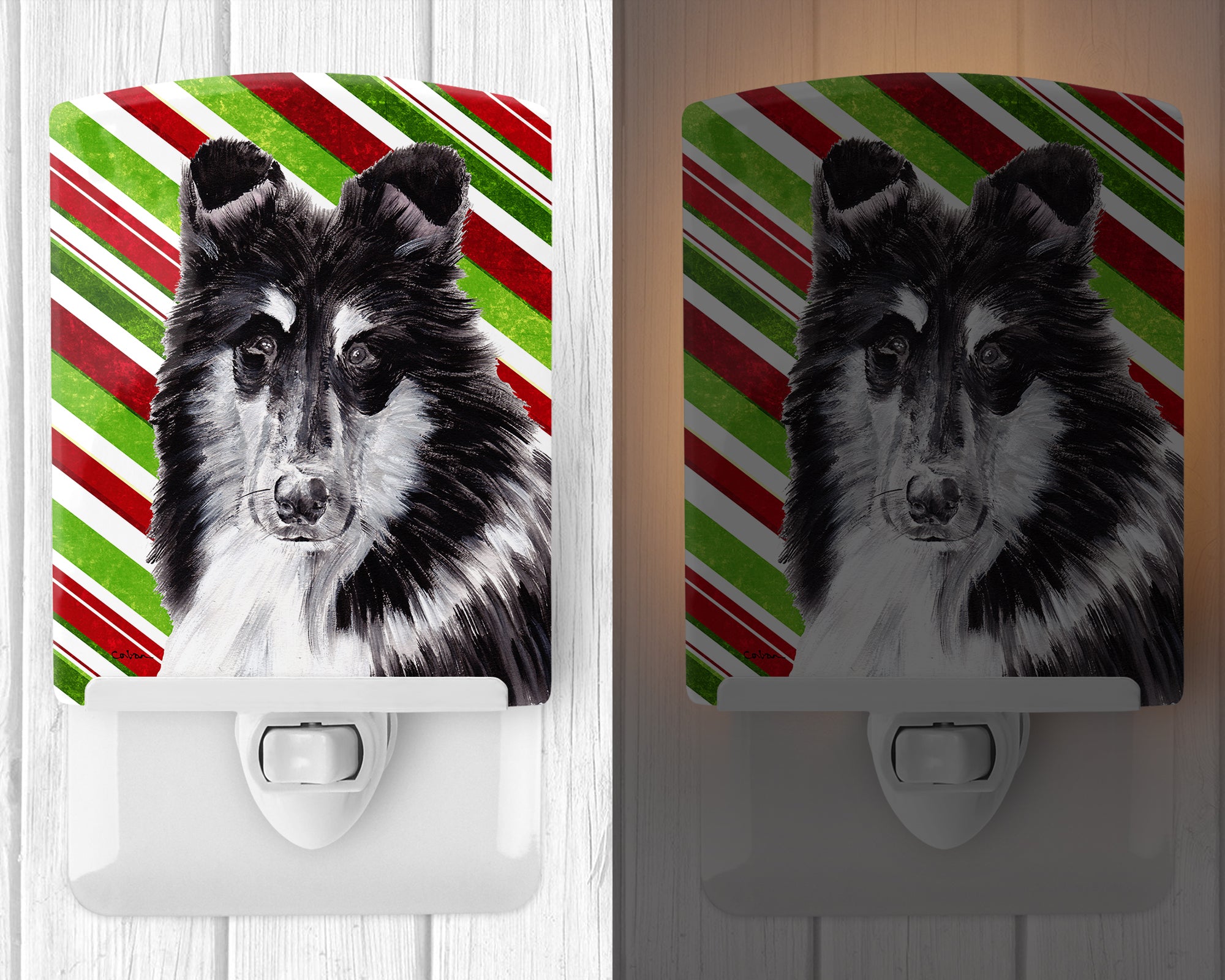 Black and White Collie Candy Cane Christmas Ceramic Night Light SC9798CNL - the-store.com