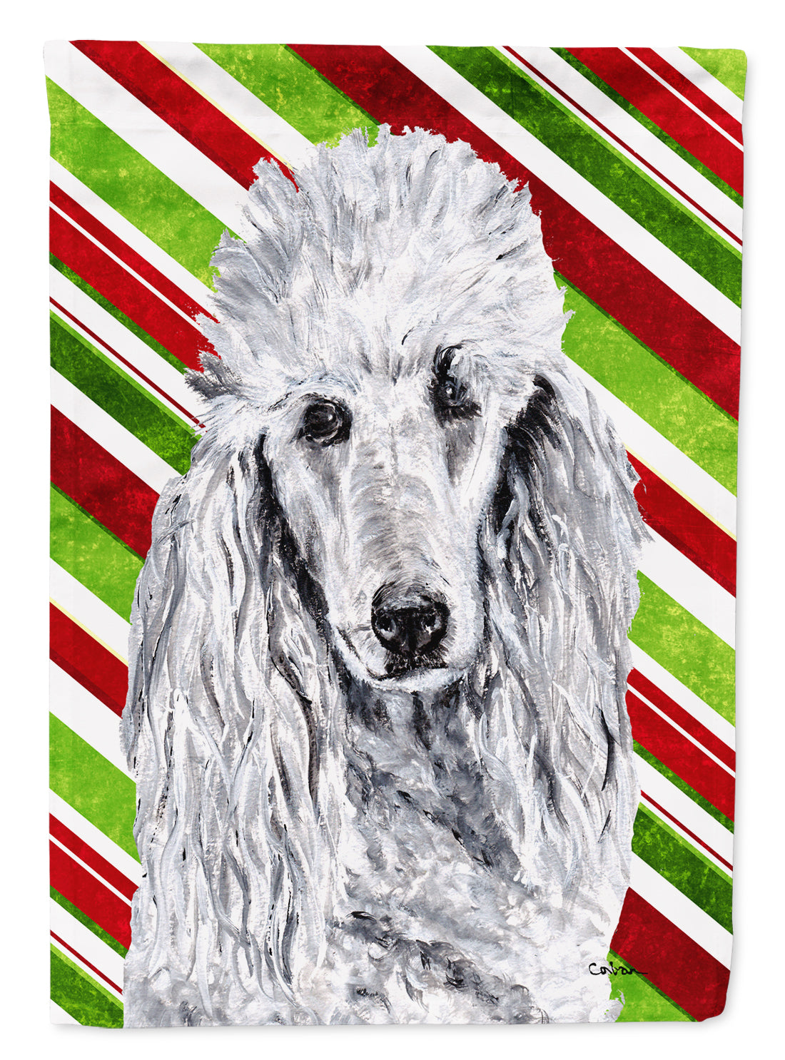 White Standard Poodle Candy Cane Christmas Flag Canvas House Size SC9799CHF  the-store.com.