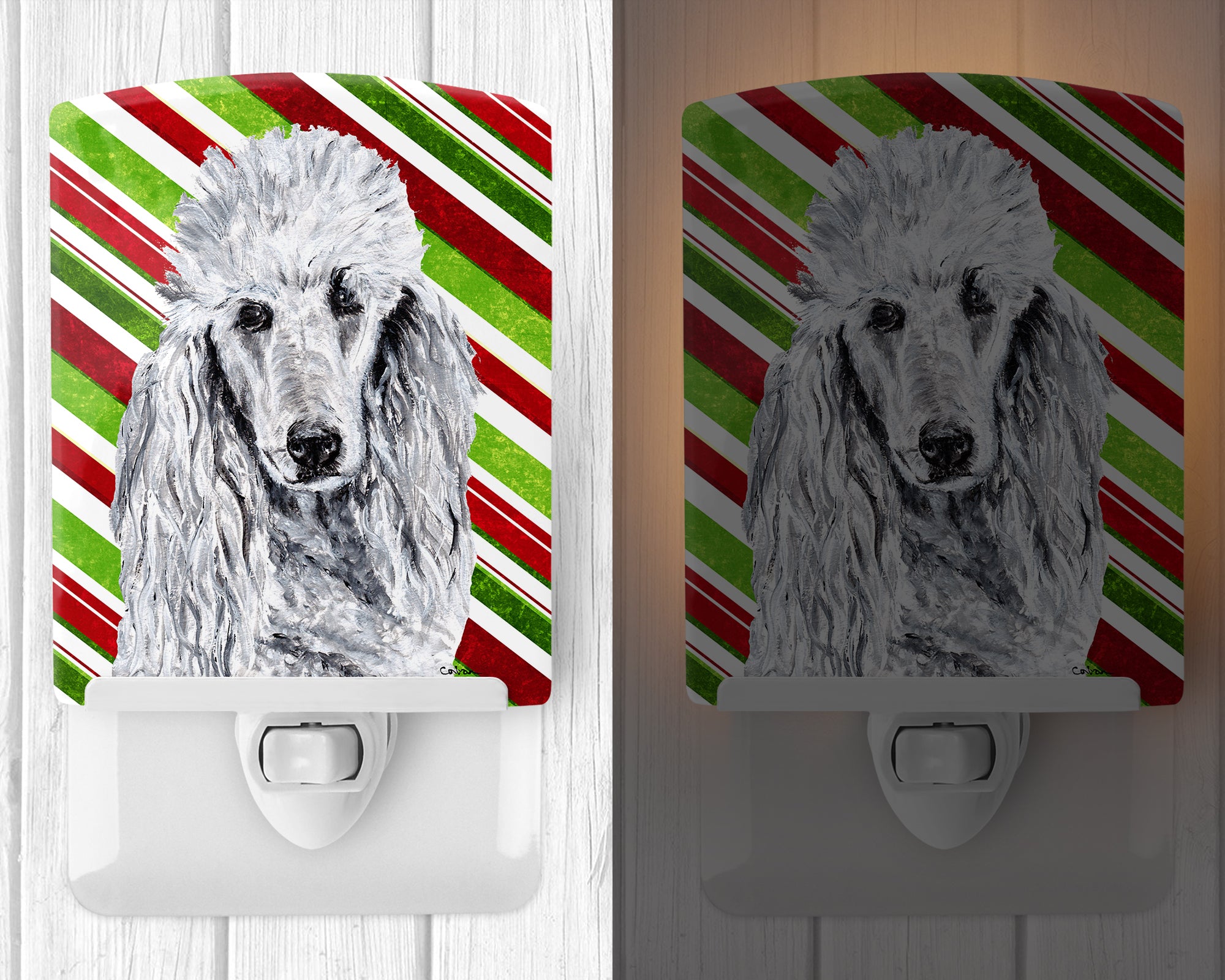 White Standard Poodle Candy Cane Christmas Ceramic Night Light SC9799CNL - the-store.com