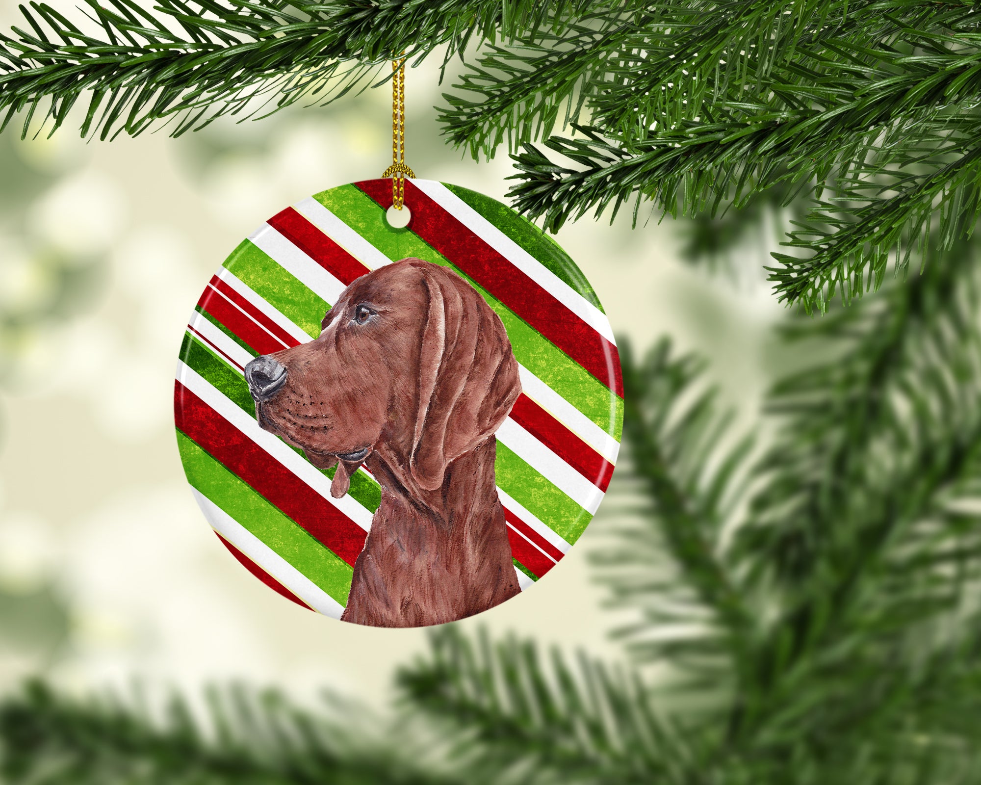 Redbone Coonhound Candy Cane Christmas Ceramic Ornament SC9803CO1 - the-store.com