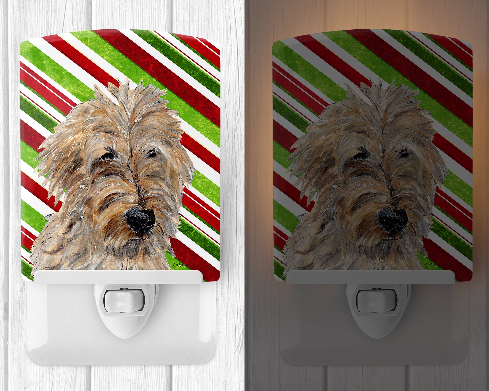 Golden Doodle 2 Candy Cane Christmas Ceramic Night Light SC9811CNL - the-store.com