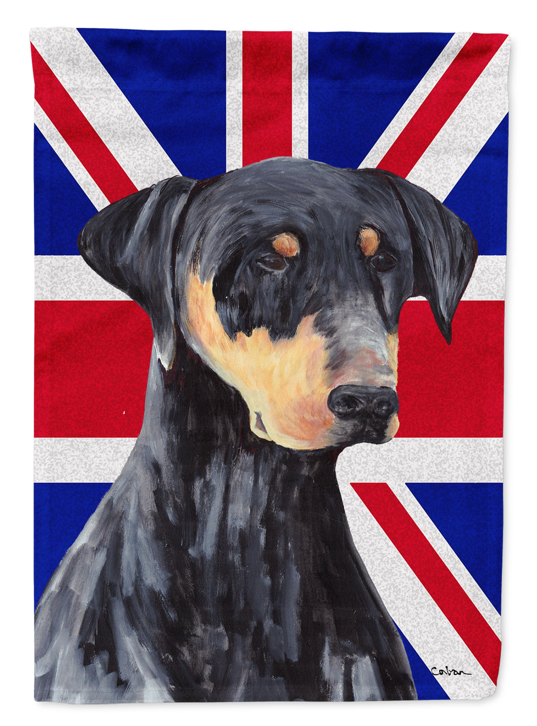 Doberman with English Union Jack British Flag Flag Canvas House Size SC9834CHF  the-store.com.