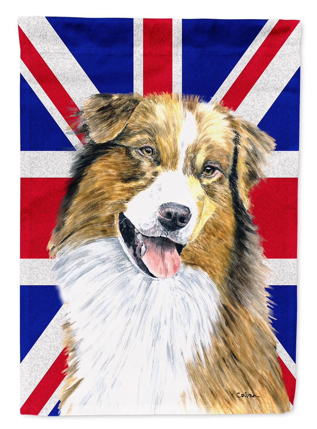 Australian Shepherd with English Union Jack British Flag Flag Canvas House Size SC9854CHF  the-store.com.