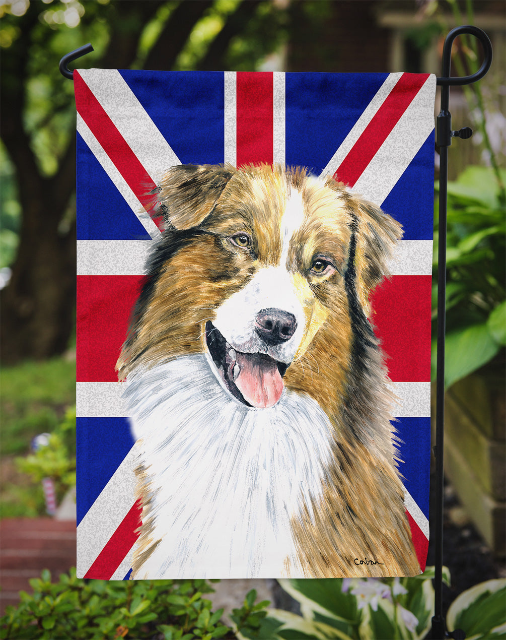 Australian Shepherd with English Union Jack British Flag Flag Garden Size  the-store.com.