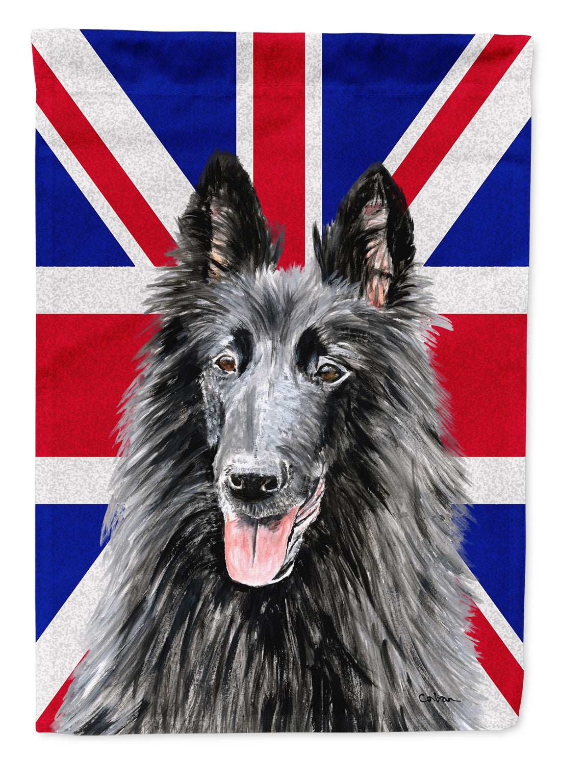 Belgian Sheepdog with English Union Jack British Flag Flag Canvas House Size SC9855CHF  the-store.com.