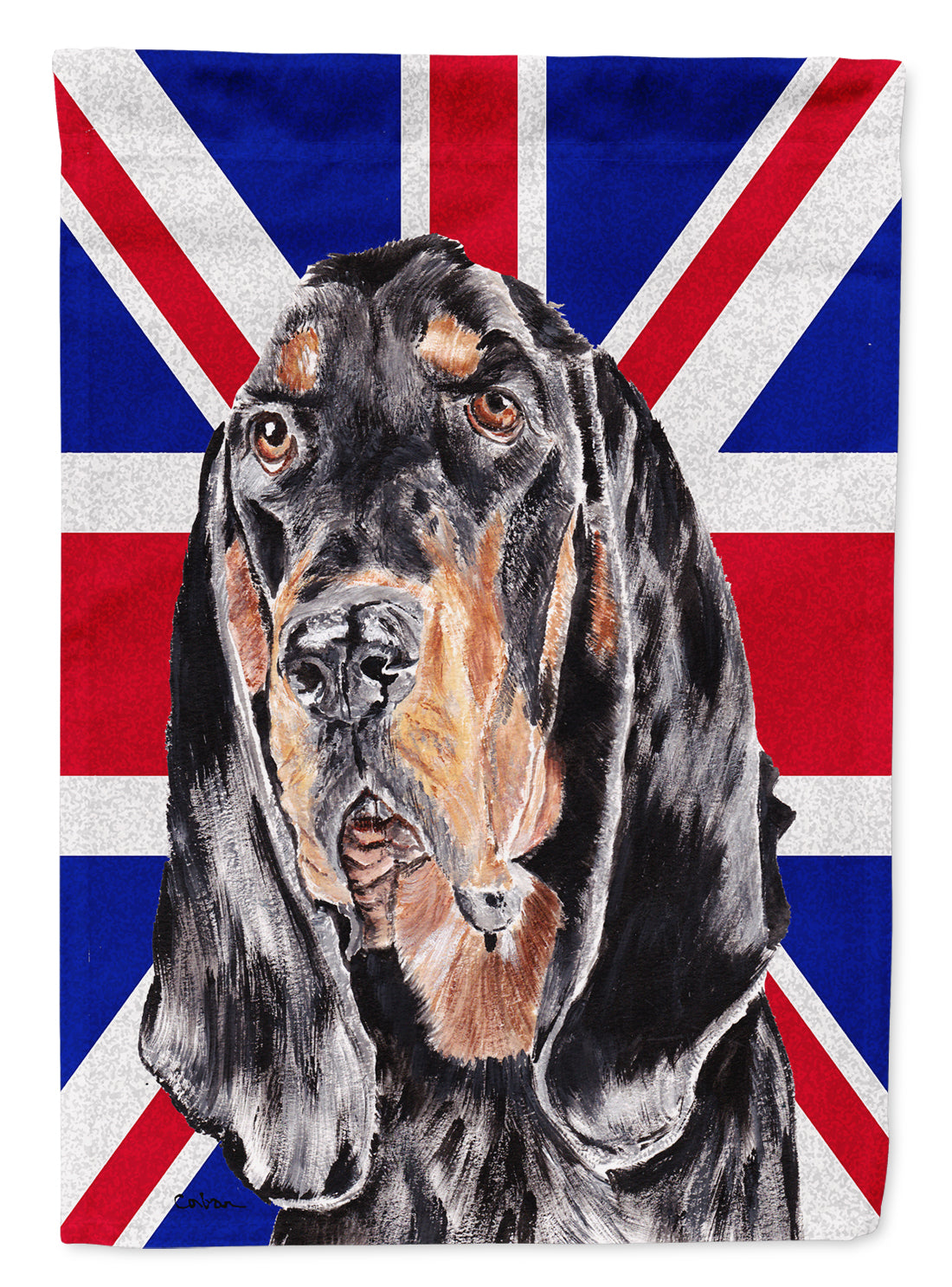 Black and Tan Coonhound with Engish Union Jack British Flag Flag Garden Size  the-store.com.