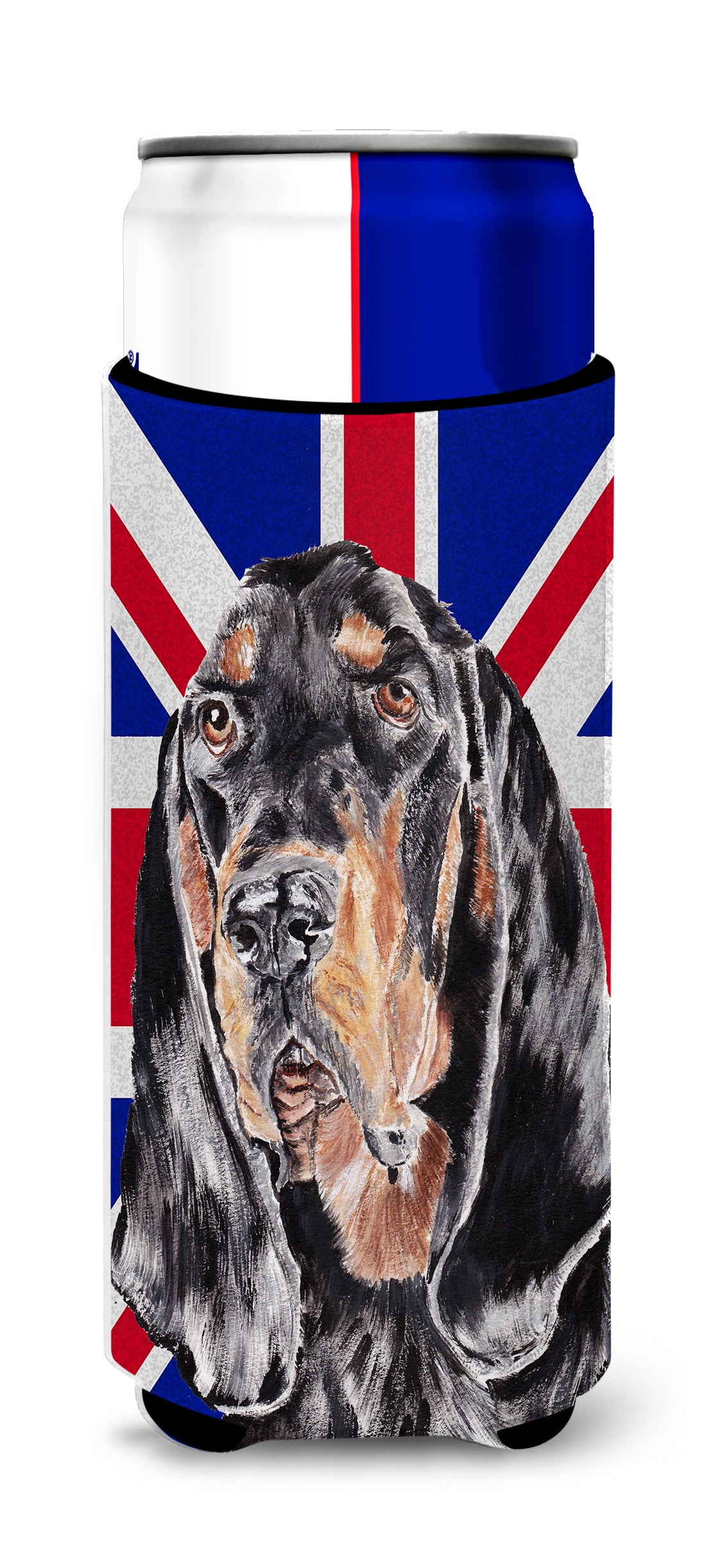 Black and Tan Coonhound with Engish Union Jack British Flag Ultra Beverage Insulators for slim cans SC9869MUK.