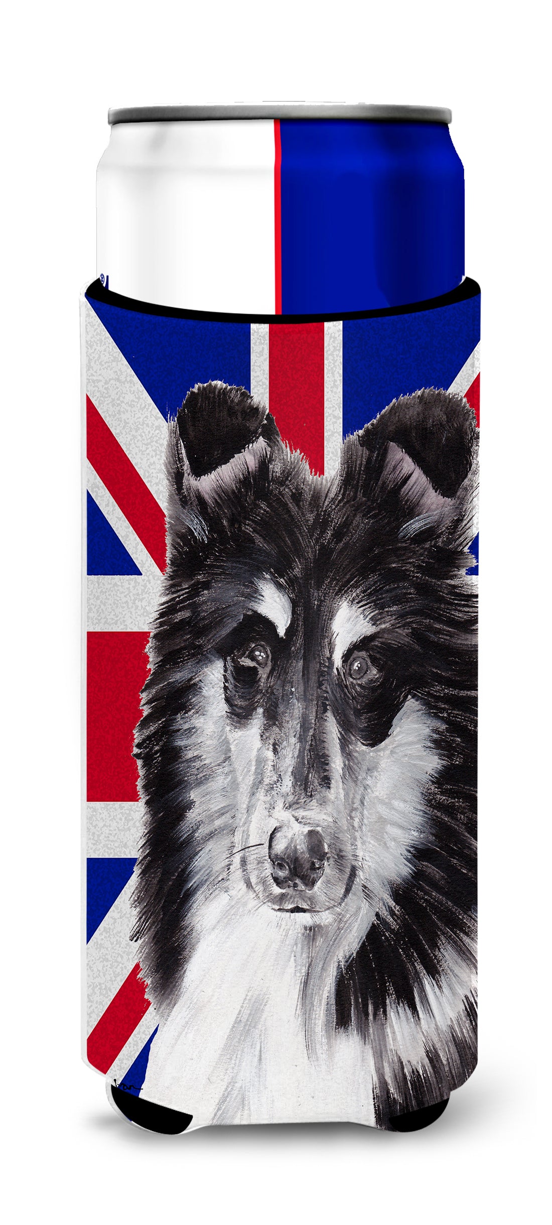 Black and White Collie with English Union Jack British Flag Ultra Beverage Insulators for slim cans SC9885MUK.