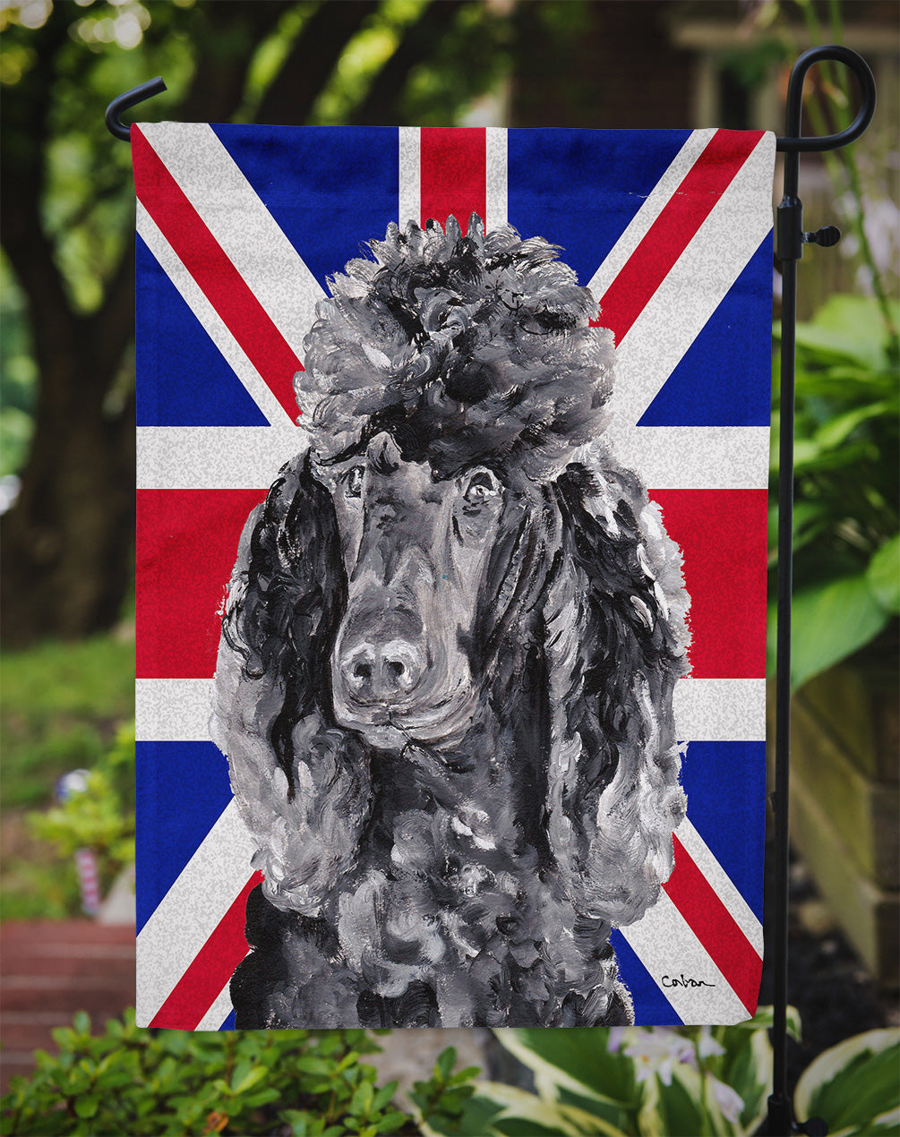 Black Standard Poodle with English Union Jack British Flag Flag Garden Size SC9889GF  the-store.com.