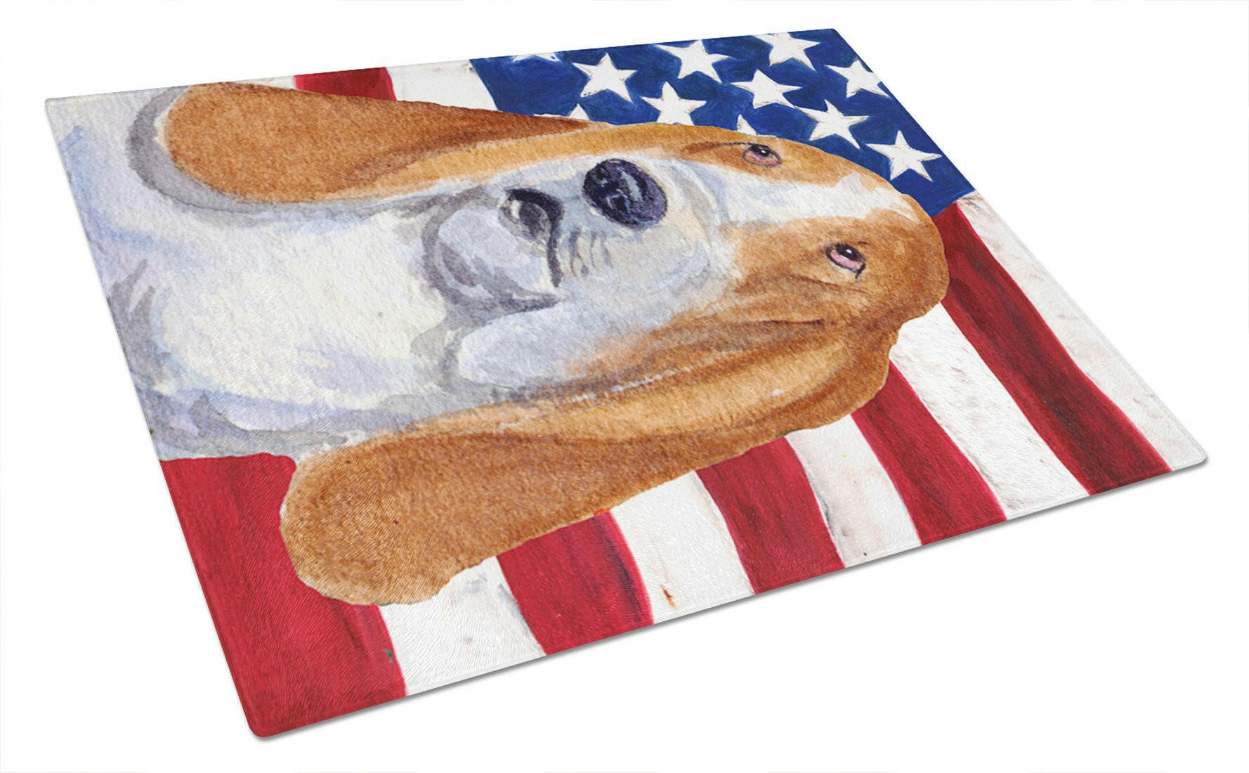 USA American Flag with Basset Hound Glass Cutting Board Large by Caroline's Treasures