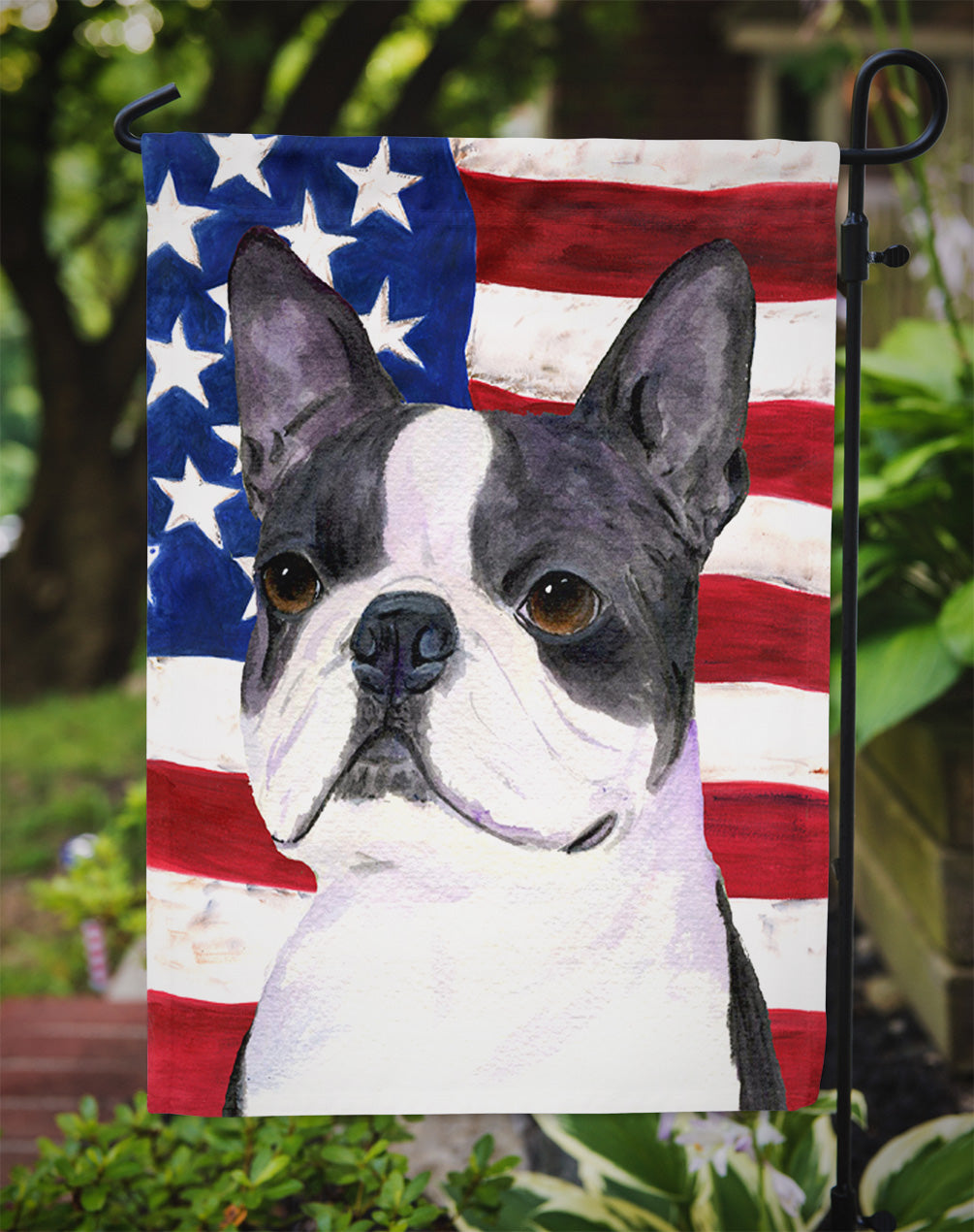 USA American Flag with Boston Terrier Flag Garden Size.