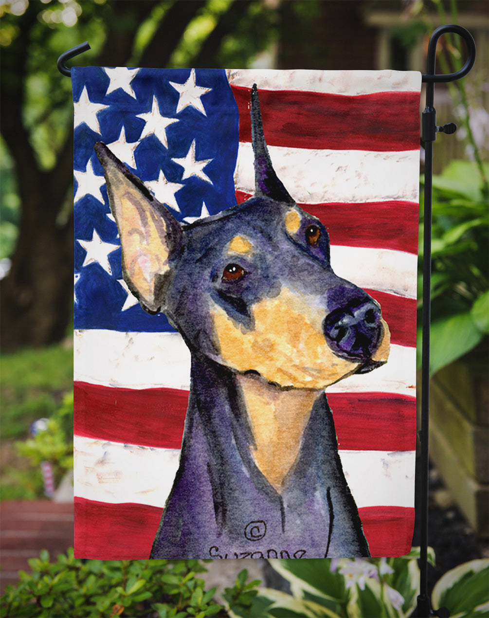 USA American Flag with Doberman Flag Garden Size.