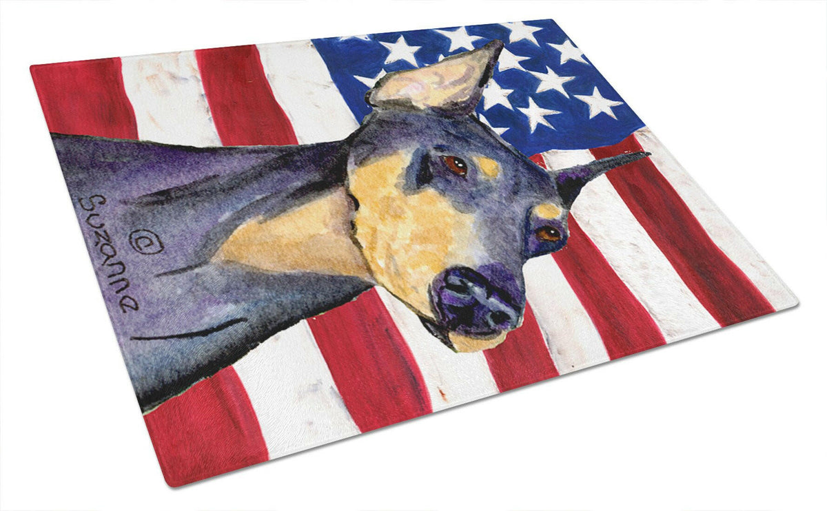 USA American Flag with Doberman Glass Cutting Board Large by Caroline&#39;s Treasures