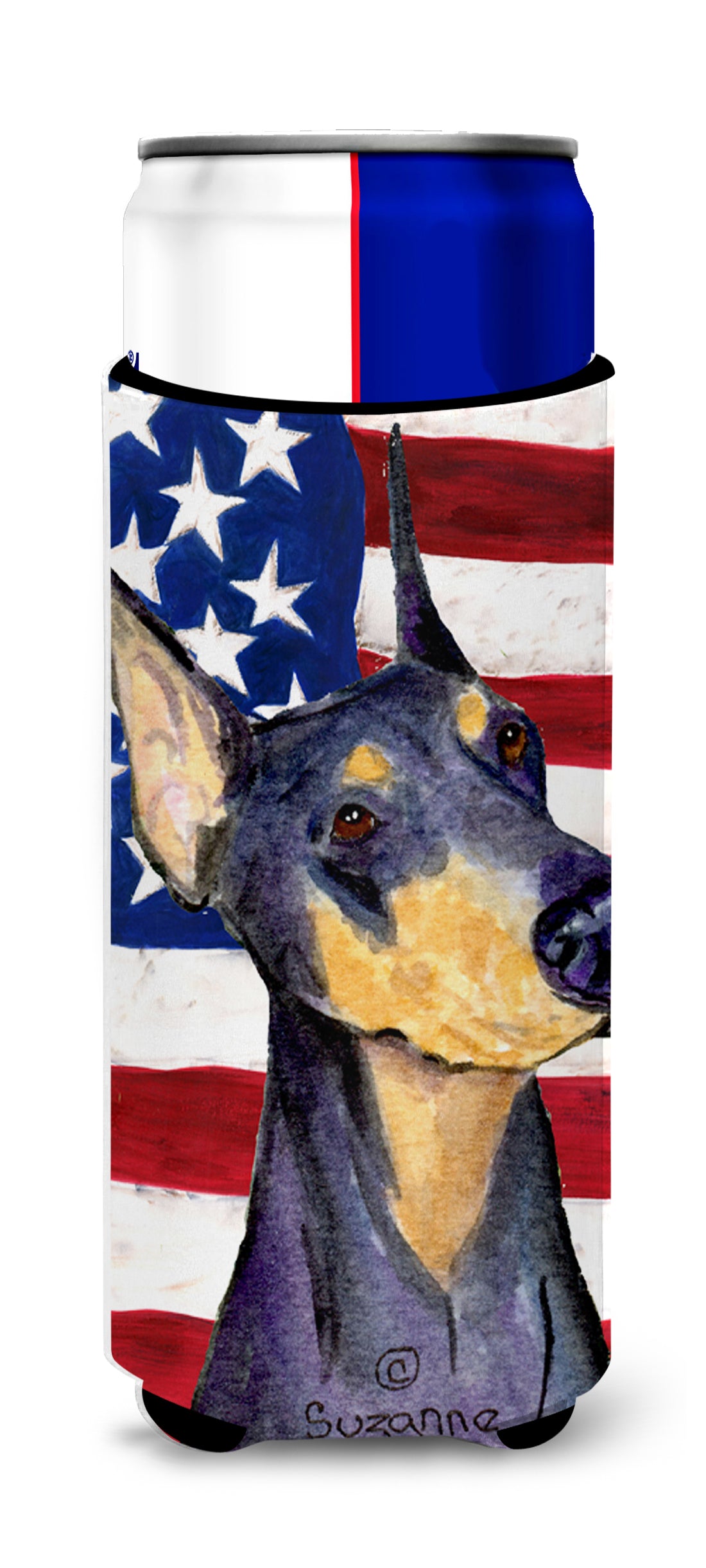 USA American Flag with Doberman Ultra Beverage Insulators for slim cans SS4022MUK.