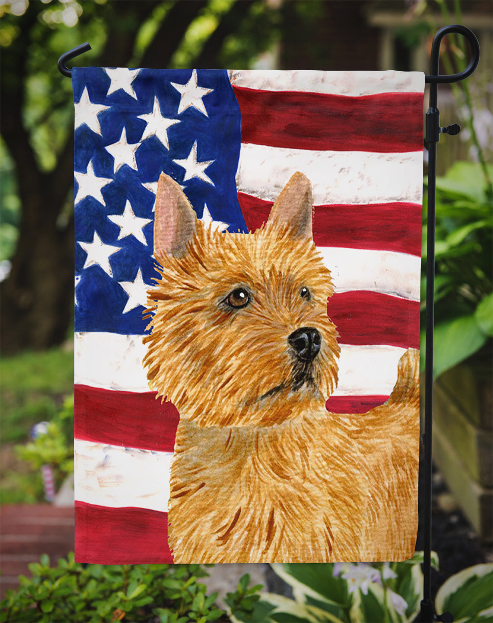 USA American Flag with Norwich Terrier Flag Garden Size.