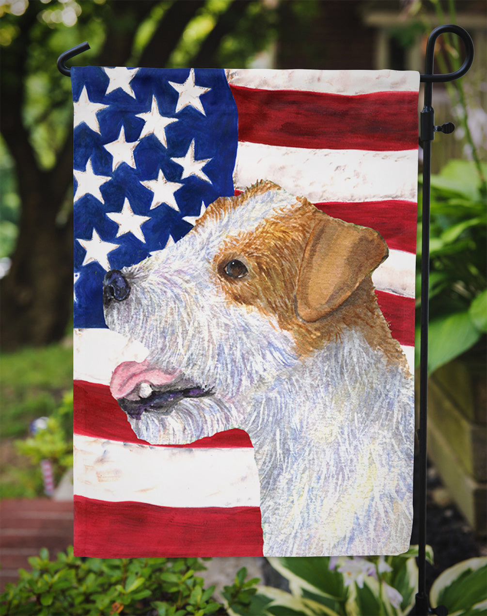 USA American Flag with Jack Russell Terrier Flag Garden Size.