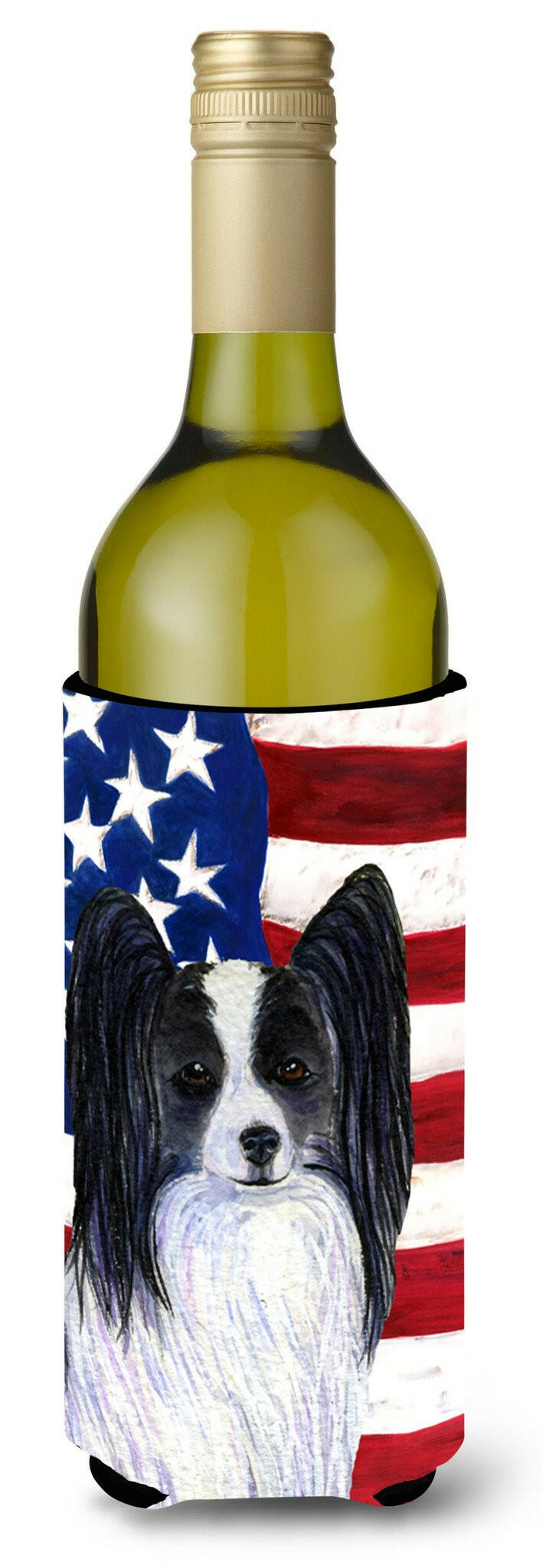 USA American Flag with Papillon Wine Bottle Beverage Insulator Beverage Insulator Hugger by Caroline&#39;s Treasures