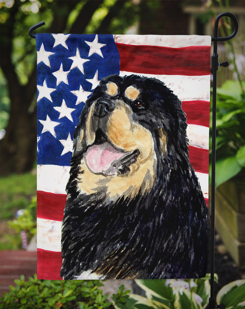 USA American Flag with Tibetan Mastiff Flag Garden Size.