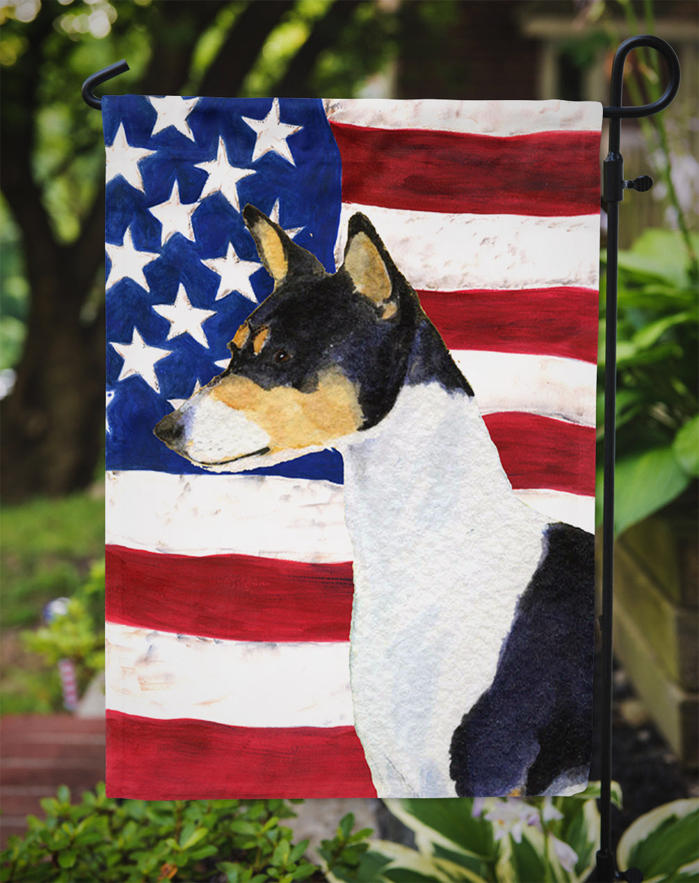 USA American Flag with Basenji Flag Garden Size.