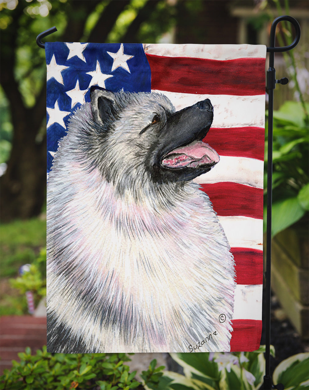 USA American Flag with Keeshond Flag Garden Size.