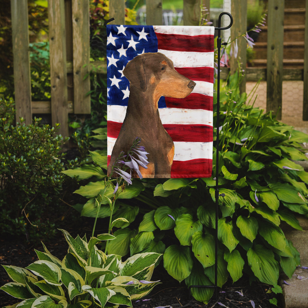 USA American Flag with Doberman Flag Garden Size.