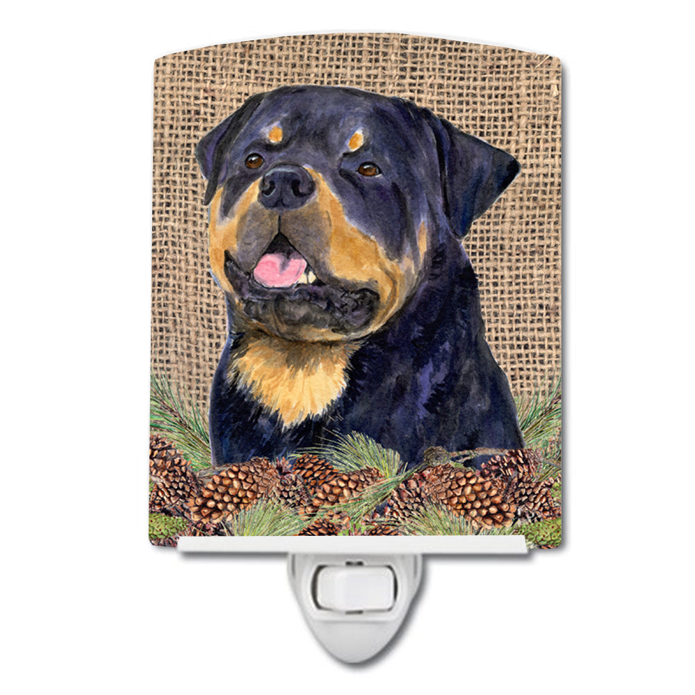 Rottweiler on Faux Burlap with Pine Cones Ceramic Night Light SS4059CNL - the-store.com