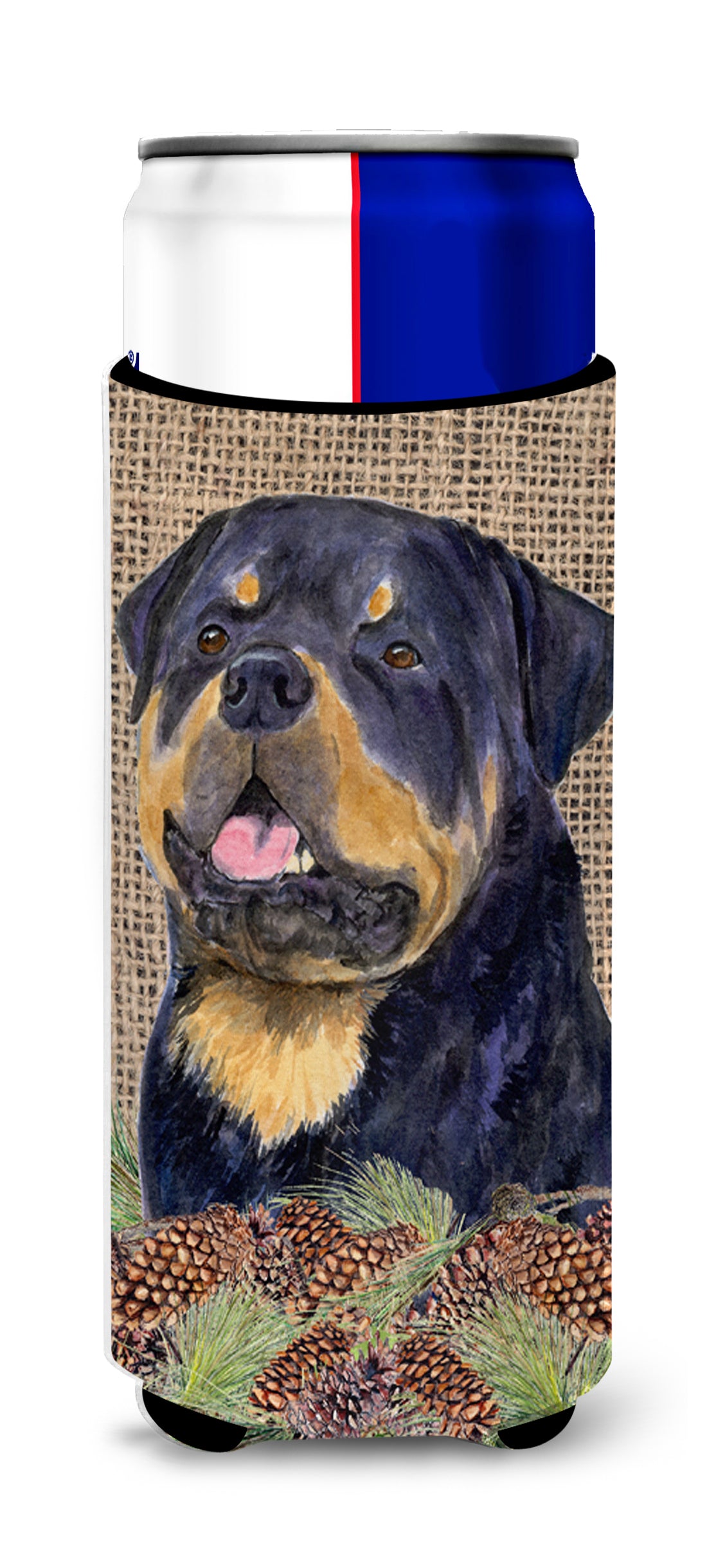 Rottweiler on Faux Burlap with Pine Cones Ultra Beverage Insulators for slim cans SS4059MUK.