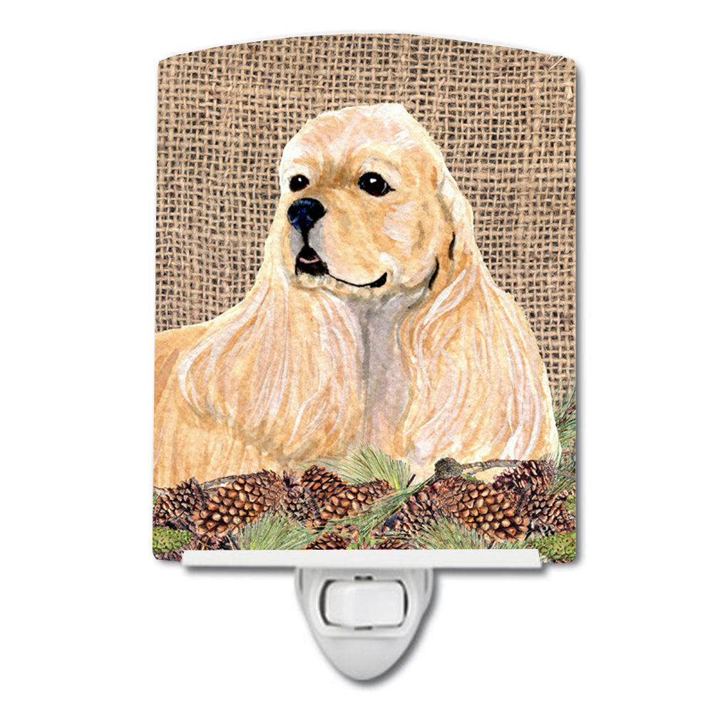 Cocker Spaniel  on Faux Burlap with Pine Cones Ceramic Night Light SS4060CNL - the-store.com