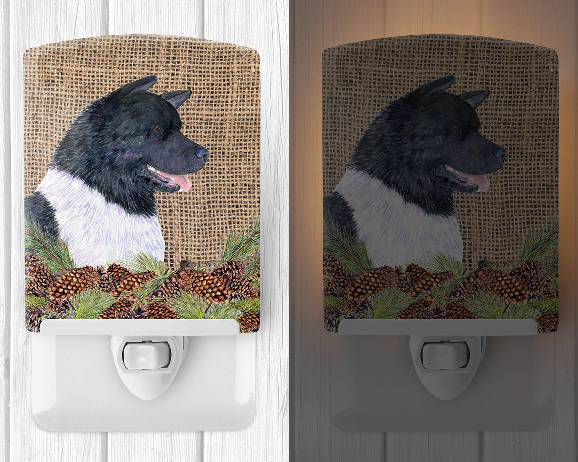 Akita on Faux Burlap with Pine Cones Ceramic Night Light SS4061CNL - the-store.com