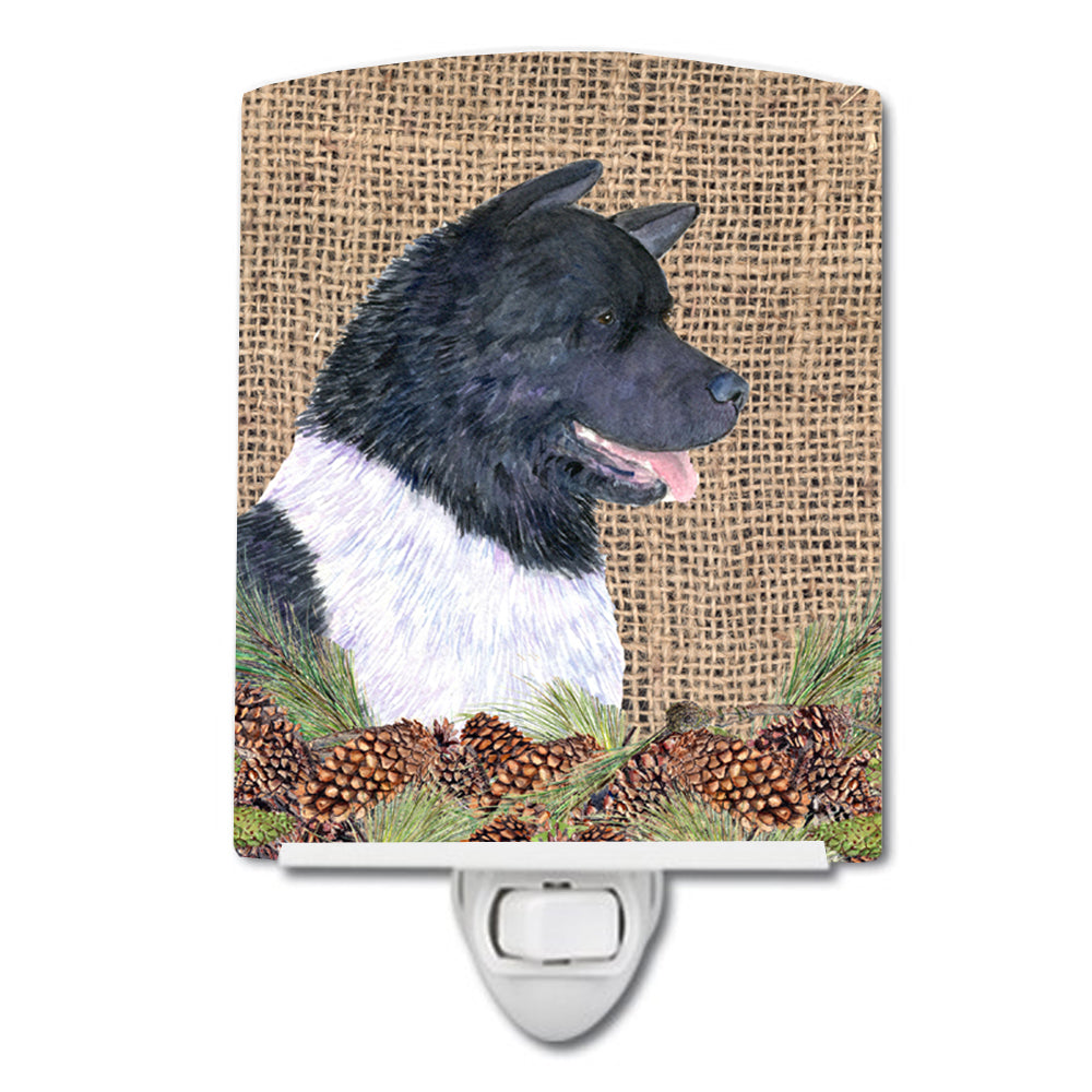 Akita on Faux Burlap with Pine Cones Ceramic Night Light SS4061CNL - the-store.com