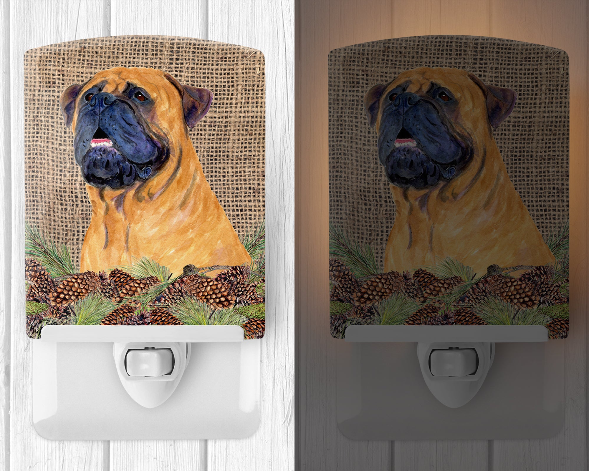 Bullmastiff on Faux Burlap with Pine Cones Ceramic Night Light SS4062CNL - the-store.com