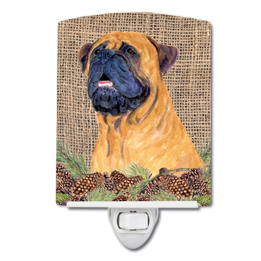 Bullmastiff on Faux Burlap with Pine Cones Ceramic Night Light SS4062CNL - the-store.com