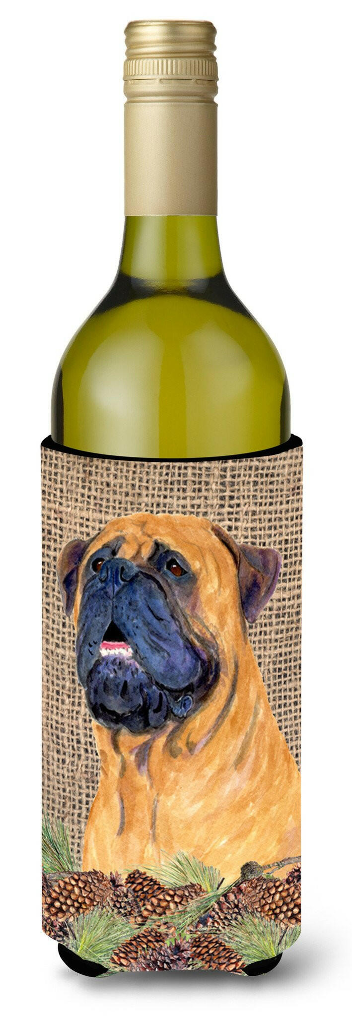 Bullmastiff on Faux Burlap with Pine Cones Wine Bottle Beverage Insulator Beverage Insulator Hugger by Caroline's Treasures