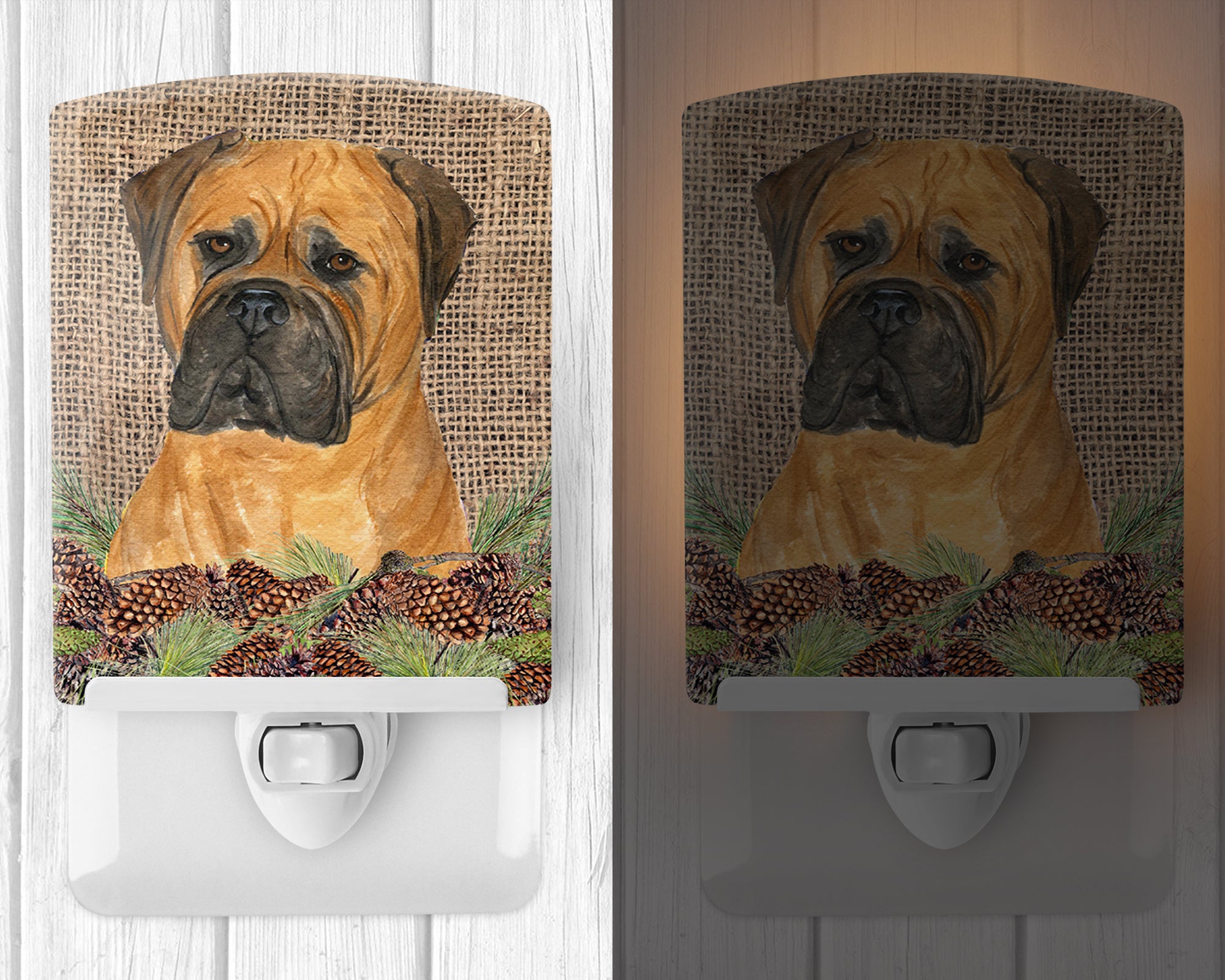 Bullmastiff on Faux Burlap with Pine Cones Ceramic Night Light SS4065CNL - the-store.com