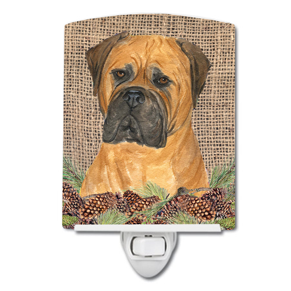 Bullmastiff on Faux Burlap with Pine Cones Ceramic Night Light SS4065CNL - the-store.com