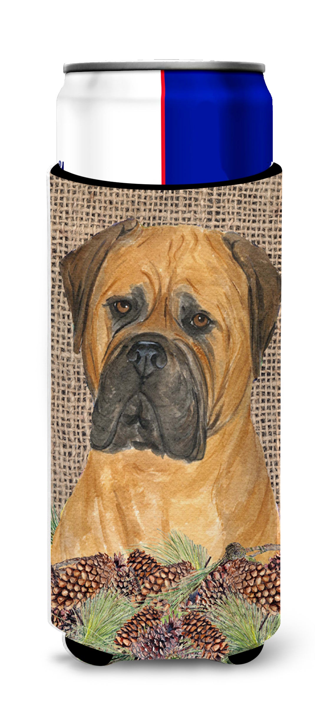 Bullmastiff on Faux Burlap with Pine Cones Ultra Beverage Insulators for slim cans SS4065MUK.