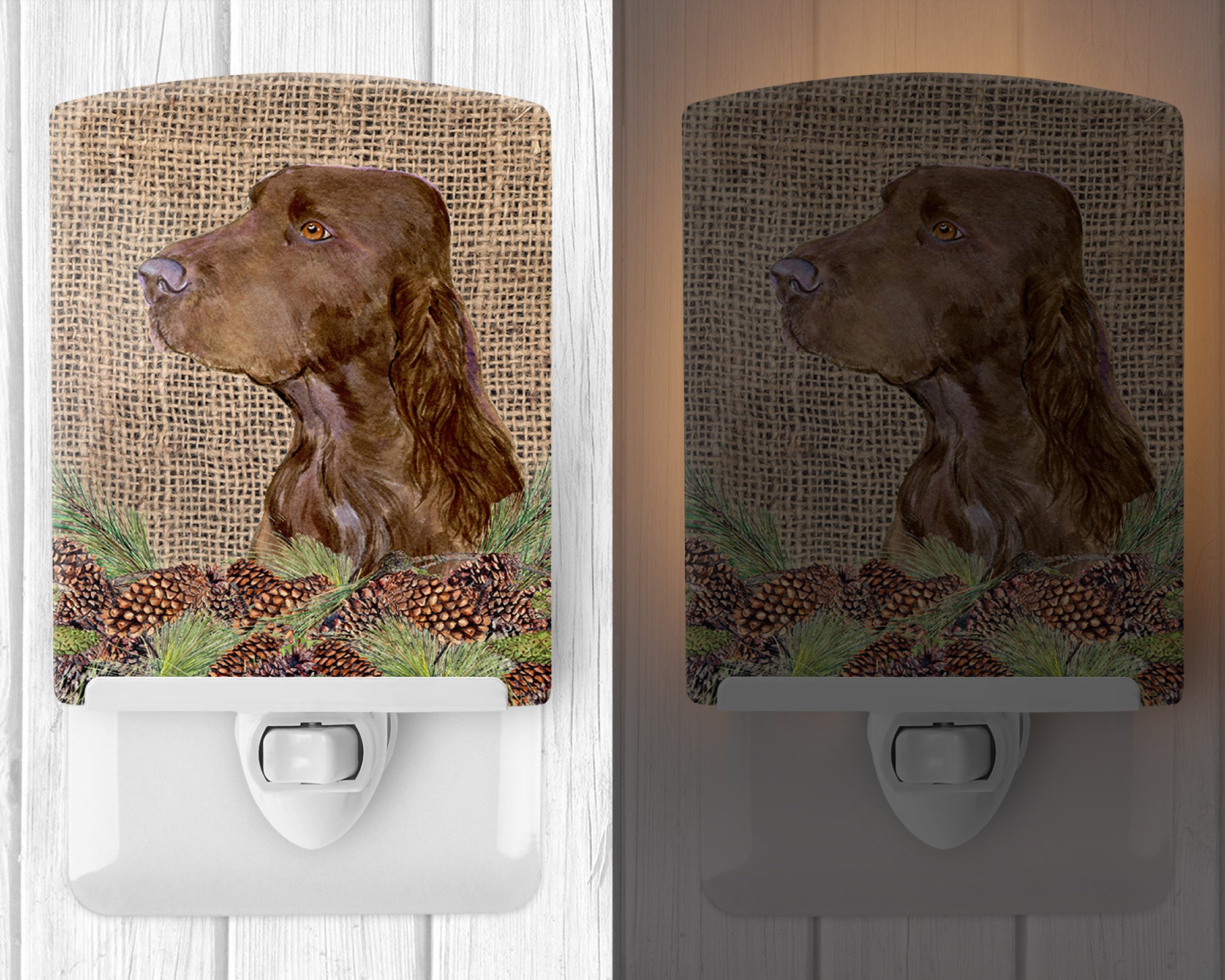 Field Spaniel on Faux Burlap with Pine Cones Ceramic Night Light SS4066CNL - the-store.com