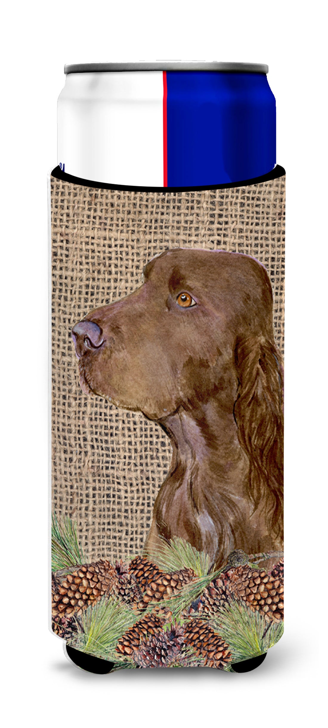 Field Spaniel on Faux Burlap with Pine Cones Ultra Beverage Insulators for slim cans SS4066MUK.