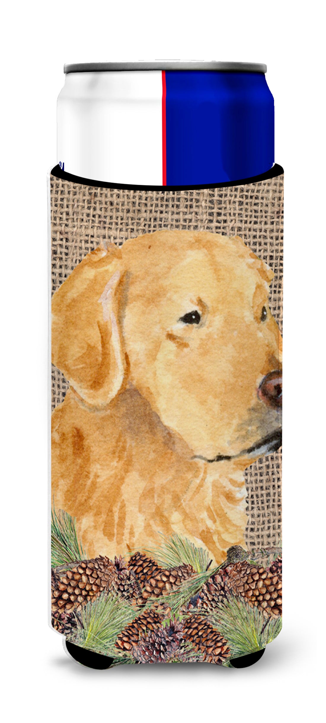 Golden Retriever on Faux Burlap with Pine Cones Ultra Beverage Insulators for slim cans SS4067MUK.