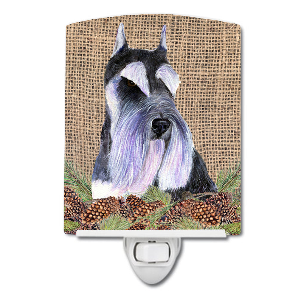 Schnauzer on Faux Burlap with Pine Cones Ceramic Night Light SS4068CNL - the-store.com