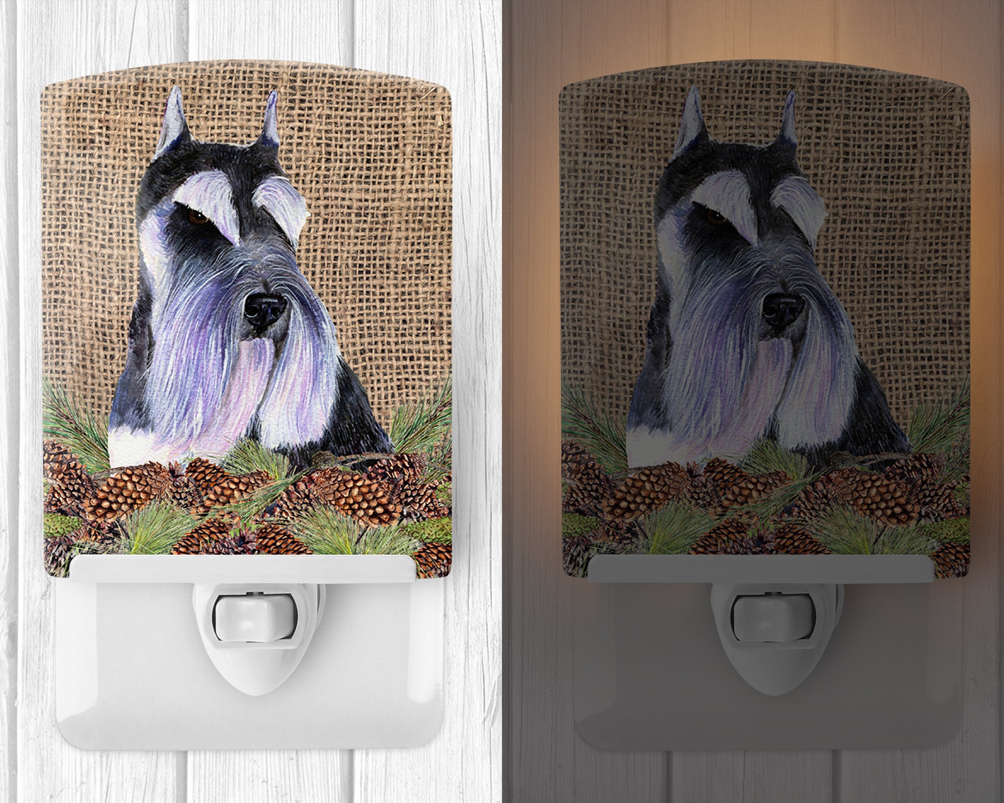 Schnauzer on Faux Burlap with Pine Cones Ceramic Night Light SS4068CNL - the-store.com