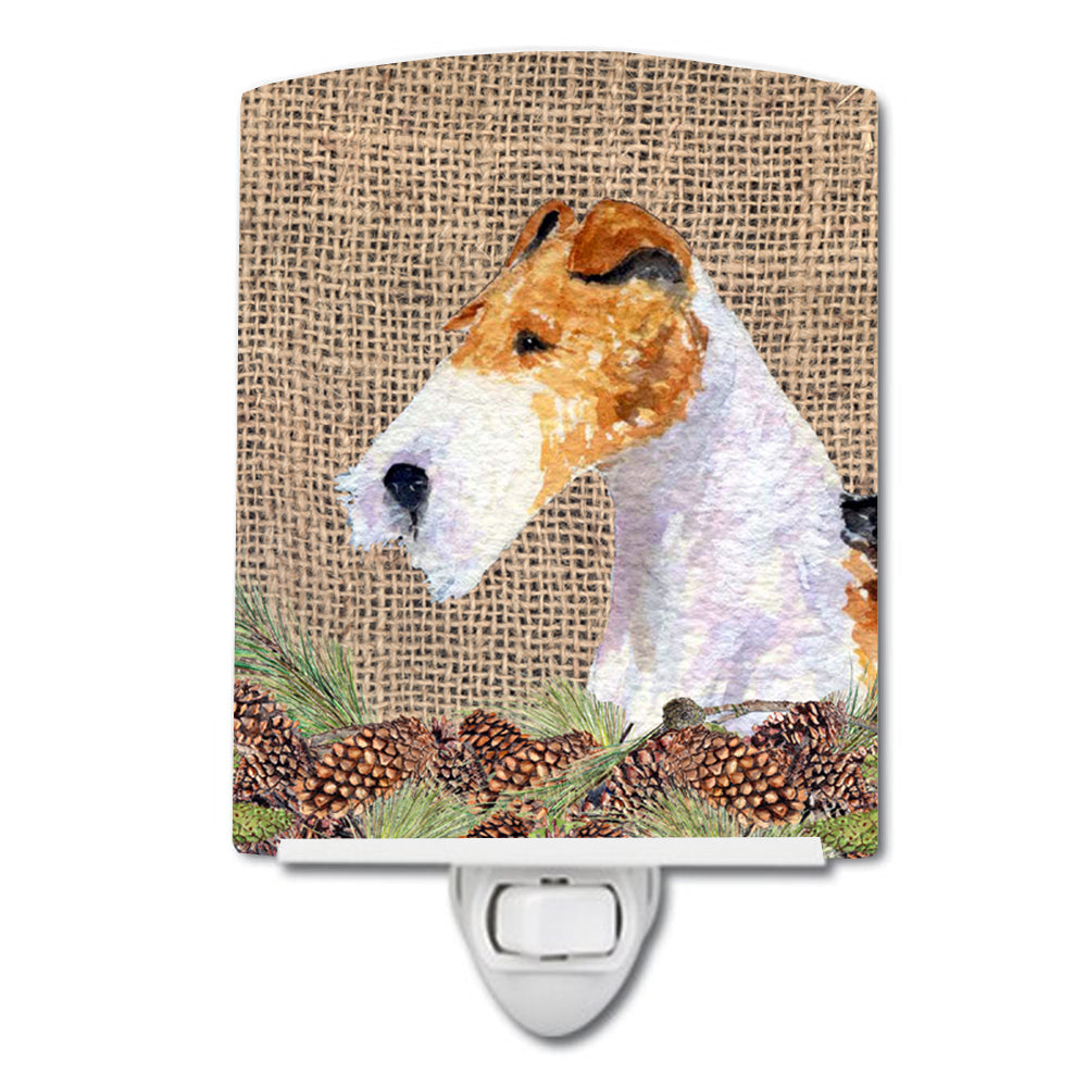 Fox Terrier on Faux Burlap with Pine Cones Ceramic Night Light SS4069CNL - the-store.com