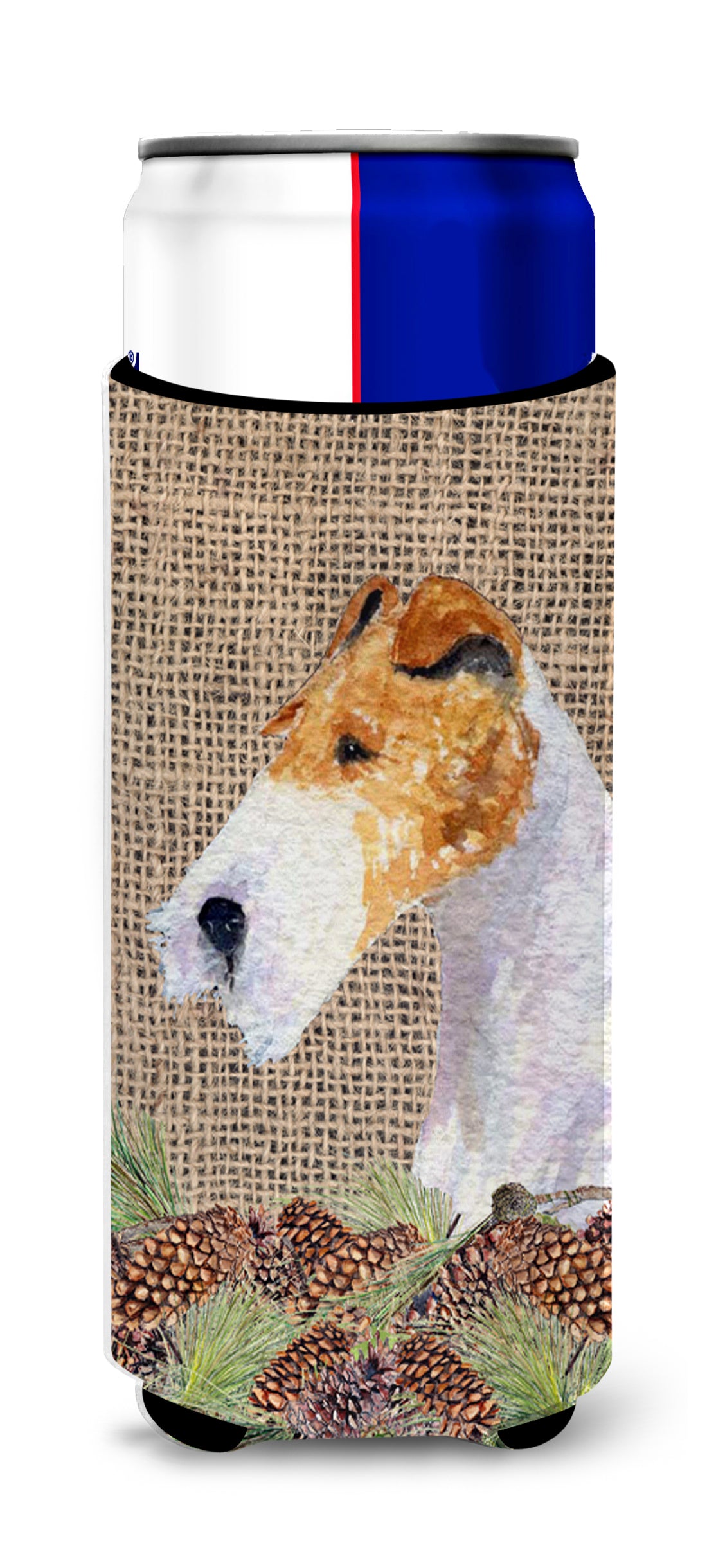 Fox Terrier on Faux Burlap with Pine Cones Ultra Beverage Insulators for slim cans SS4069MUK.