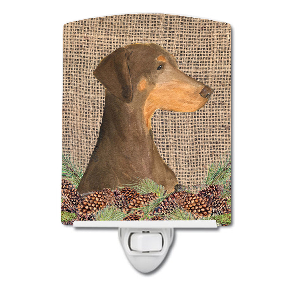 Doberman on Faux Burlap with Pine Cones Ceramic Night Light SS4070CNL - the-store.com