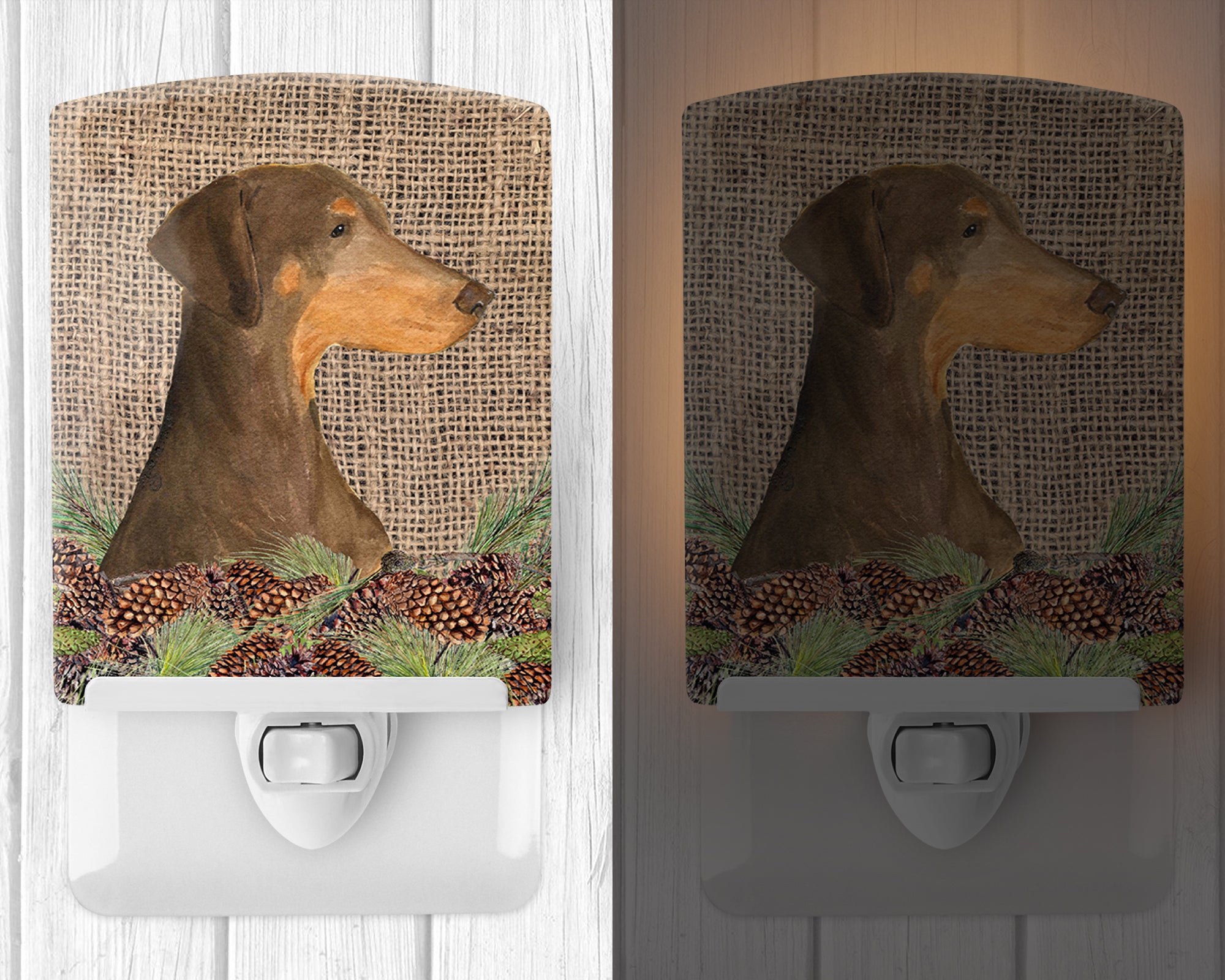 Doberman on Faux Burlap with Pine Cones Ceramic Night Light SS4070CNL - the-store.com