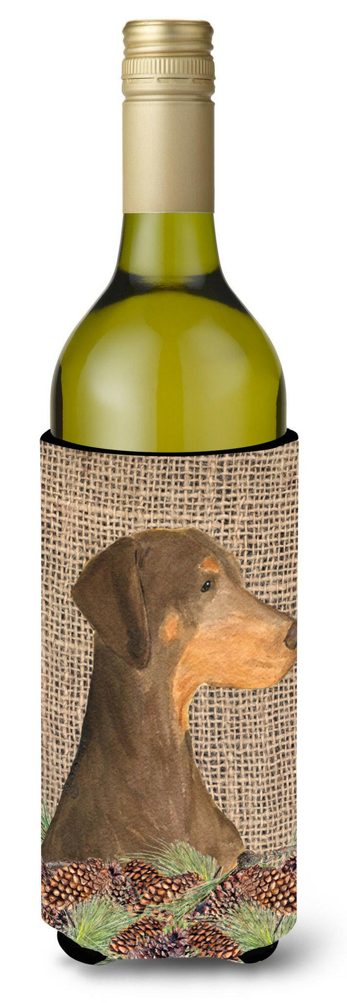 Doberman on Faux Burlap with Pine Cones Wine Bottle Beverage Insulator Beverage Insulator Hugger by Caroline's Treasures