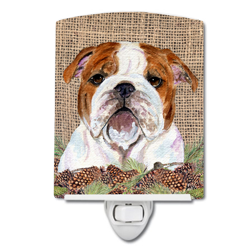 Bulldog English on Faux Burlap with Pine Cones Ceramic Night Light SS4075CNL - the-store.com