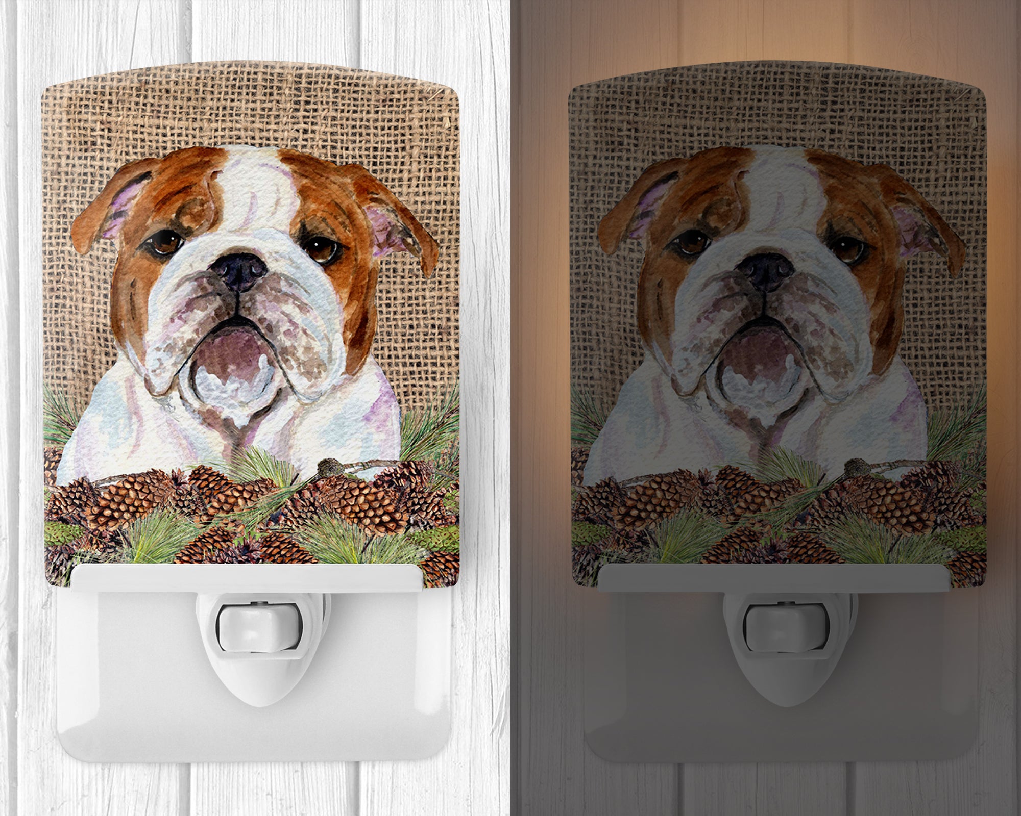 Bulldog English on Faux Burlap with Pine Cones Ceramic Night Light SS4075CNL - the-store.com