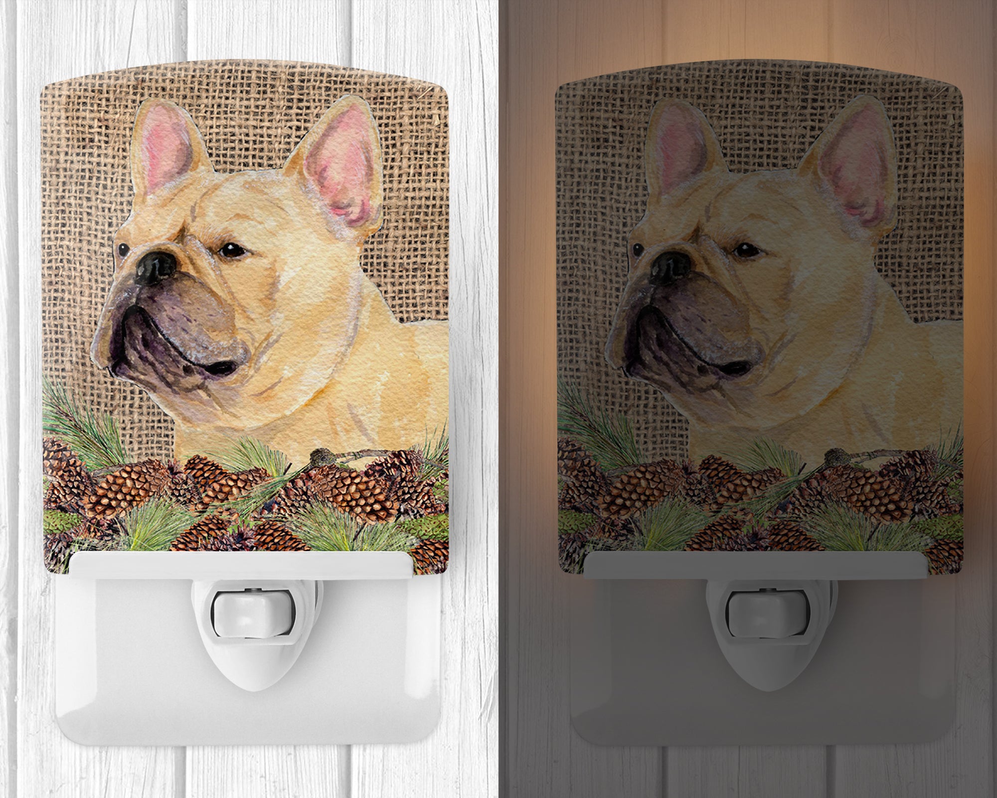 French Bulldog on Faux Burlap with Pine Cones Ceramic Night Light SS4076CNL - the-store.com